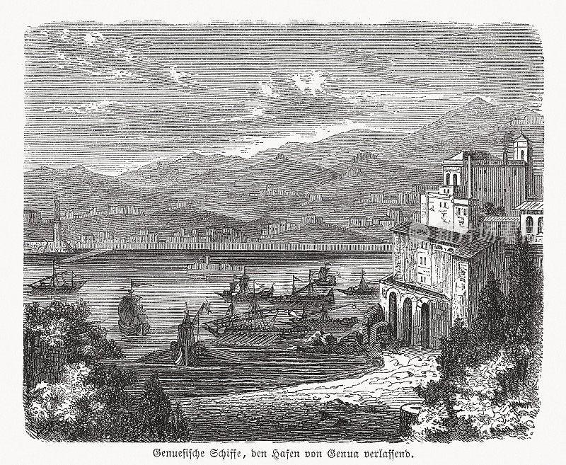 热那亚的热那亚船只，约13 -14世纪，木刻，1869年出版